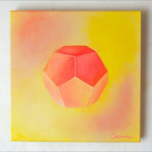 Spirituelle Kunst: Acrylbild auf Leinwand, pfirsichfarbener Dodekaeder vor gelb-rosa Hintergrund