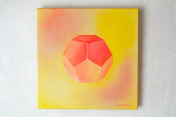 Spirituelle Kunst: Acrylbild auf Leinwand, pfirsichfarbener Dodekaeder vor gelb-rosa Hintergrund