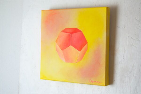 Spirituelle Kunst: Acrylbild auf Leinwand, pfirsichfarbener Dodekaeder vor gelb-rosa Hintergrund