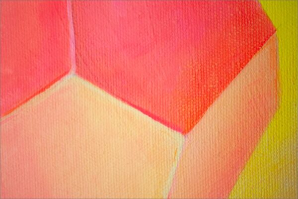 Spirituelle Kunst: Acrylbild auf Leinwand, pfirsichfarbener Dodekaeder vor gelb-rosa Hintergrund