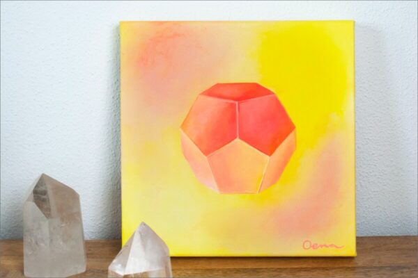 Spirituelle Kunst: Acrylbild auf Leinwand, pfirsichfarbener Dodekaeder vor gelb-rosa Hintergrund