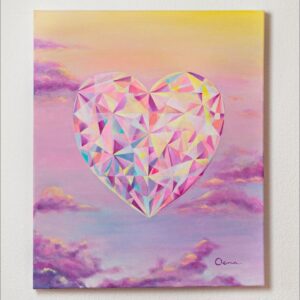 Spirituelle Kunst: Acrylbild auf Leinwand, Herzkristall vor Wolkenhimmel in lila, rosa, gelb Farben