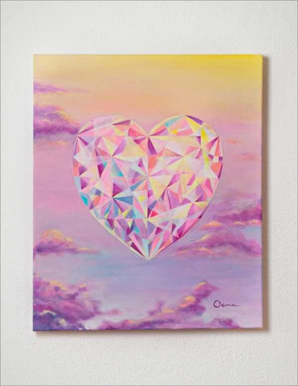 Spirituelle Kunst: Acrylbild auf Leinwand, Herzkristall vor Wolkenhimmel in lila, rosa, gelb Farben