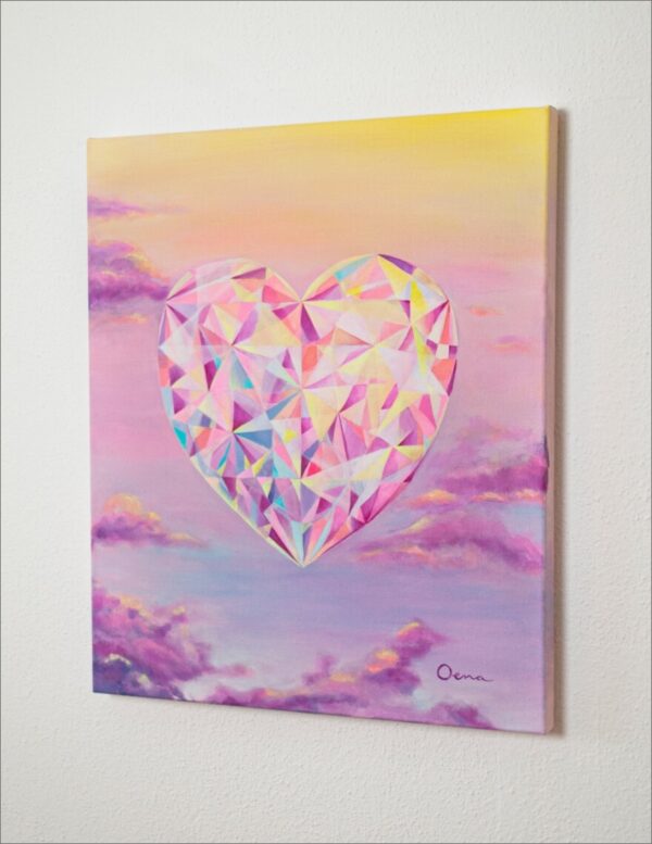 Spirituelle Kunst: Acrylbild auf Leinwand, Herzkristall vor Wolkenhimmel in lila, rosa, gelb Farben