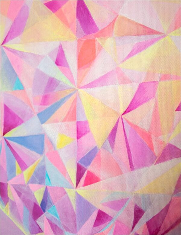 Spirituelle Kunst: Acrylbild auf Leinwand, Herzkristall vor Wolkenhimmel in lila, rosa, gelb Farben