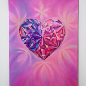 Spirituelle Kunst: Acrylbild auf Leinwand, magenta, violettefarbener Herzkristall mit großer Strahlkraft vor magentafarbenem Hintergrund