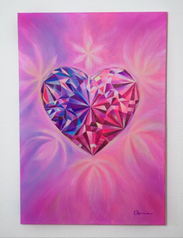 Spirituelle Kunst: Acrylbild auf Leinwand, magenta, violettefarbener Herzkristall mit großer Strahlkraft vor magentafarbenem Hintergrund