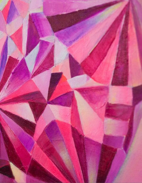 Spirituelle Kunst: Acrylbild auf Leinwand, magenta, violettefarbener Herzkristall mit großer Strahlkraft vor magentafarbenem Hintergrund
