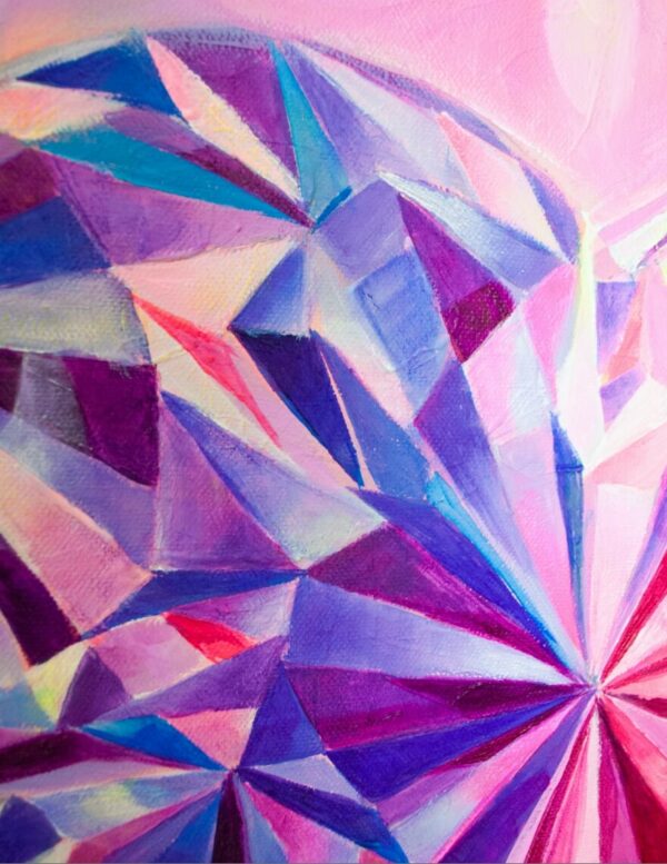 Spirituelle Kunst: Acrylbild auf Leinwand, magenta, violettefarbener Herzkristall mit großer Strahlkraft vor magentafarbenem Hintergrund
