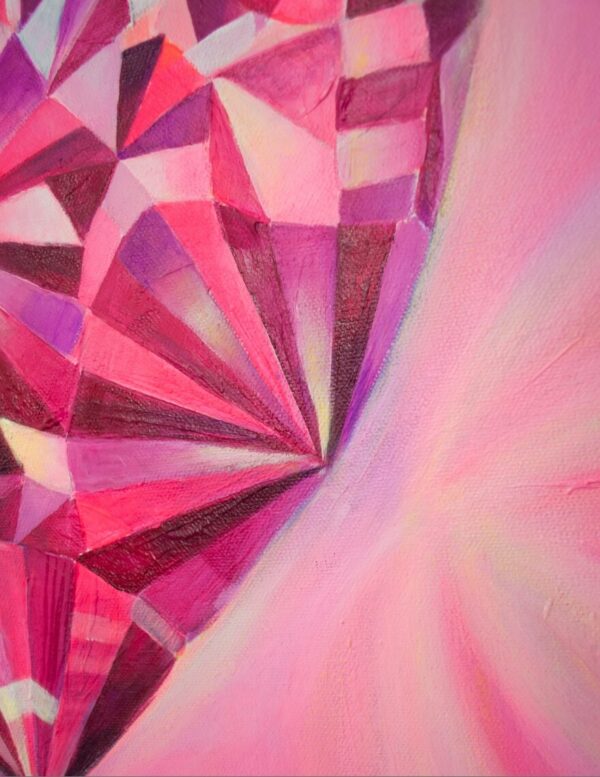 Spirituelle Kunst: Acrylbild auf Leinwand, magenta, violettefarbener Herzkristall mit großer Strahlkraft vor magentafarbenem Hintergrund