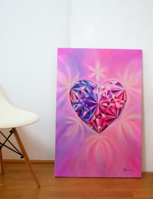Spirituelle Kunst: Acrylbild auf Leinwand, magenta, violettefarbener Herzkristall mit großer Strahlkraft vor magentafarbenem Hintergrund