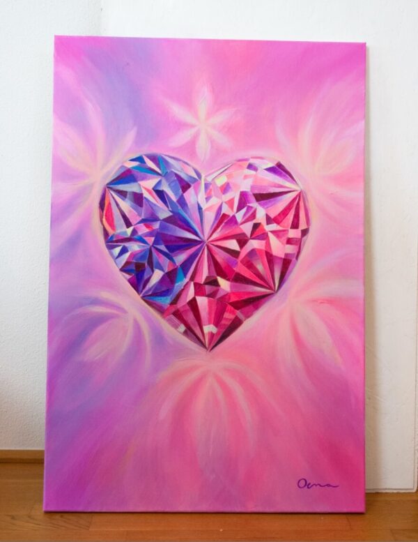 Spirituelle Kunst: Acrylbild auf Leinwand, magenta, violettefarbener Herzkristall mit großer Strahlkraft vor magentafarbenem Hintergrund