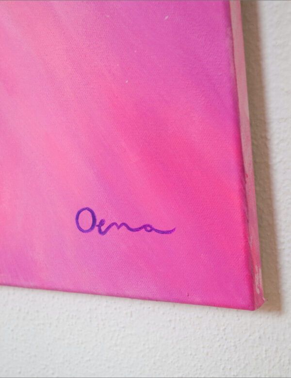 Spirituelle Kunst: Acrylbild auf Leinwand, magenta, violettefarbener Herzkristall mit großer Strahlkraft vor magentafarbenem Hintergrund