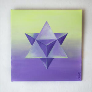 Spirituelle Kunst: Acrylbild auf Leinwand, heilige Geometrie, violette Merkaba vor gelb-violettem Hintergrund