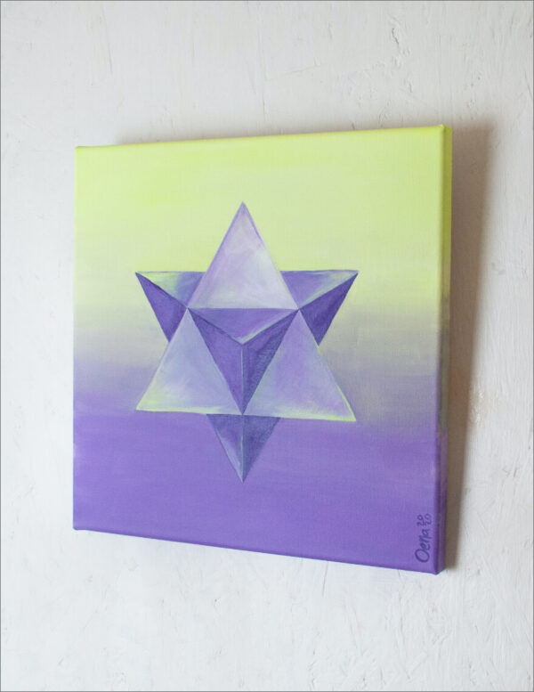Spirituelle Kunst: Acrylbild auf Leinwand, heilige Geometrie, violette Merkaba vor gelb-violettem Hintergrund