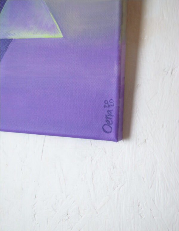 Spirituelle Kunst: Acrylbild auf Leinwand, heilige Geometrie, violette Merkaba vor gelb-violettem Hintergrund