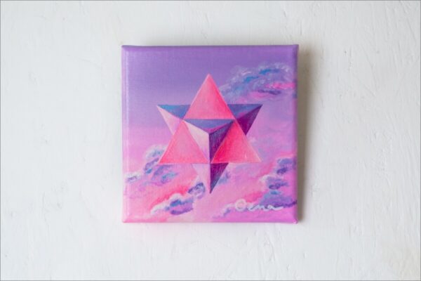 Spirituelle Kunst: Acrylbild auf Leinwand, heilige Geometrie, pink-lila Merkaba vor pink-lilafarbenem Wolkenhimmel Hintergrund