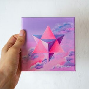 Spirituelle Kunst: Acrylbild auf Leinwand, heilige Geometrie, pink-lila Merkaba vor pink-lilafarbenem Wolkenhimmel Hintergrund