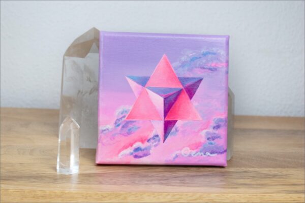 Spirituelle Kunst: Acrylbild auf Leinwand, heilige Geometrie, pink-lila Merkaba vor pink-lilafarbenem Wolkenhimmel Hintergrund