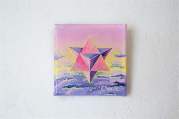Spirituelle Kunst: Acrylbild auf Leinwand, heilige Geometrie, pink-violette Merkaba vor pink-violettem Wolkenhimmel Hintergrund