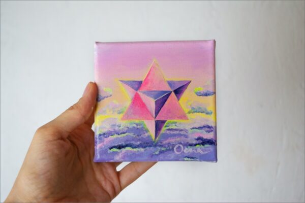 Spirituelle Kunst: Acrylbild auf Leinwand, heilige Geometrie, pink-violette Merkaba vor pink-violettem Wolkenhimmel Hintergrund