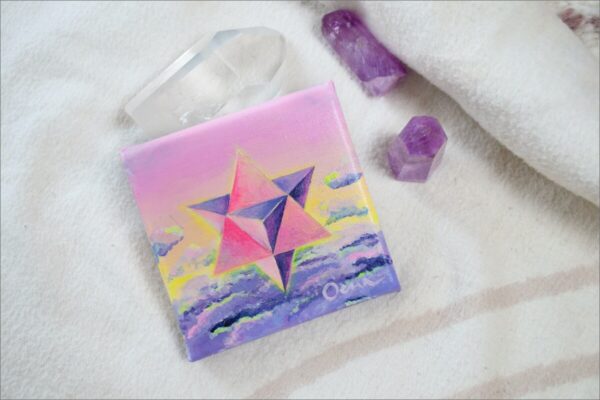 Spirituelle Kunst: Acrylbild auf Leinwand, heilige Geometrie, pink-violette Merkaba vor pink-violettem Wolkenhimmel Hintergrund