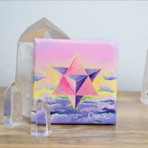 Spirituelle Kunst: Acrylbild auf Leinwand, heilige Geometrie, pink-violette Merkaba vor pink-violettem Wolkenhimmel Hintergrund
