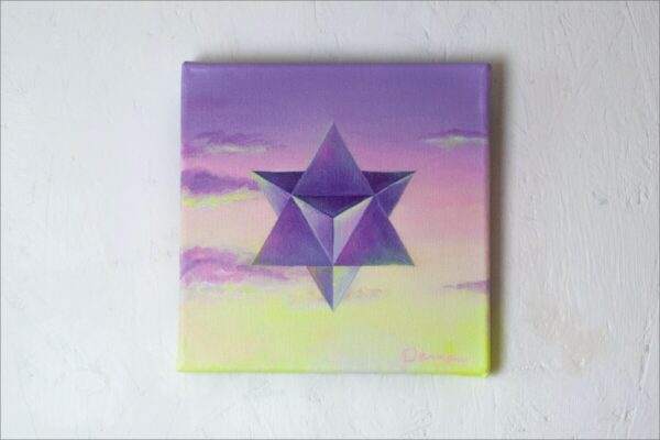 Spirituelle Kunst: Acrylbild auf Leinwand, heilige Geometrie, violette Merkaba vor violette-rosa-gelbem Himmel