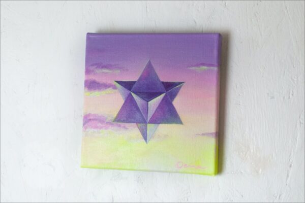 Spirituelle Kunst: Acrylbild auf Leinwand, heilige Geometrie, violette Merkaba vor violette-rosa-gelbem Himmel