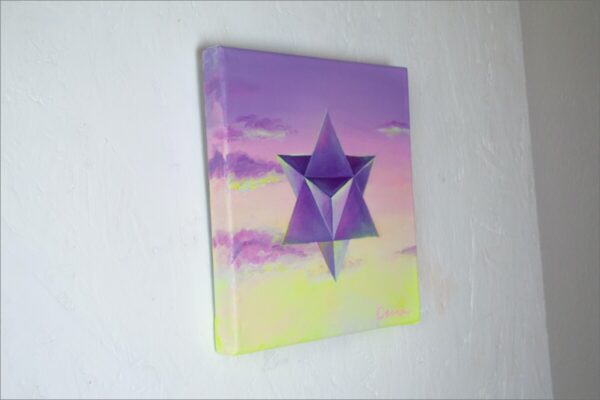 Spirituelle Kunst: Acrylbild auf Leinwand, heilige Geometrie, violette Merkaba vor violette-rosa-gelbem Himmel
