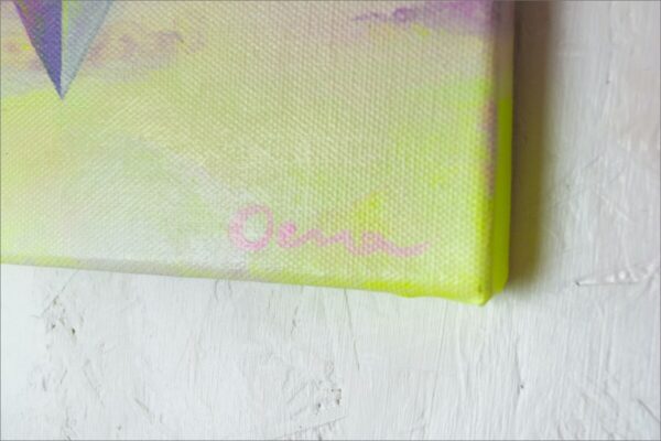 Spirituelle Kunst: Acrylbild auf Leinwand, heilige Geometrie, violette Merkaba vor violette-rosa-gelbem Himmel