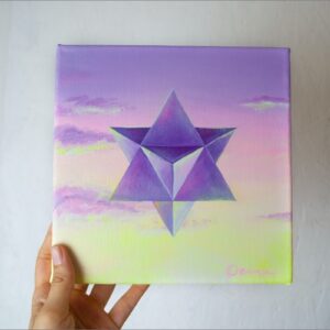 Spirituelle Kunst: Acrylbild auf Leinwand, heilige Geometrie, violette Merkaba vor violette-rosa-gelbem Himmel