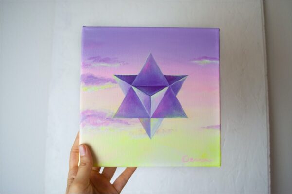 Spirituelle Kunst: Acrylbild auf Leinwand, heilige Geometrie, violette Merkaba vor violette-rosa-gelbem Himmel