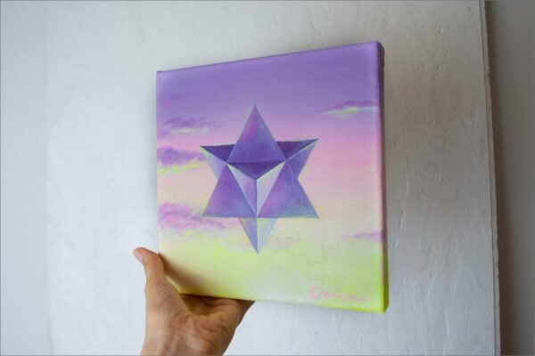 Spirituelle Kunst: Acrylbild auf Leinwand, heilige Geometrie, violette Merkaba vor violette-rosa-gelbem Himmel