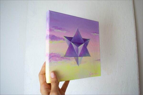 Spirituelle Kunst: Acrylbild auf Leinwand, heilige Geometrie, violette Merkaba vor violette-rosa-gelbem Himmel
