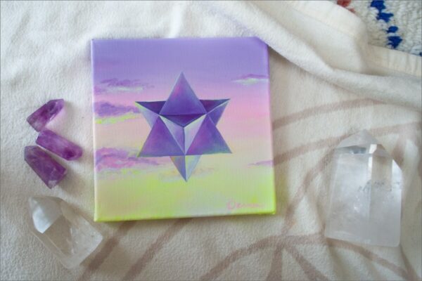 Spirituelle Kunst: Acrylbild auf Leinwand, heilige Geometrie, violette Merkaba vor violette-rosa-gelbem Himmel