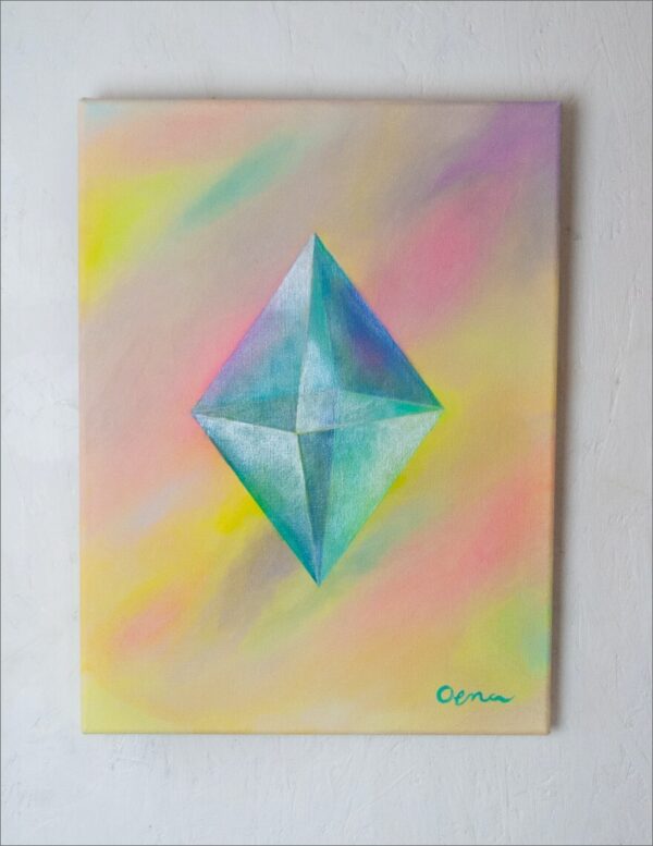 Spirituelle Kunst: Acrylbild auf Leinwand, heilige Geometrie, blau-grüner Oktaeder vor regenbogenfarbenem Hintergrund