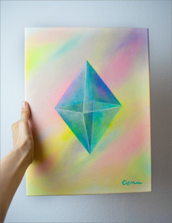 Spirituelle Kunst: Acrylbild auf Leinwand, heilige Geometrie, blau-grüner Oktaeder vor regenbogenfarbenem Hintergrund