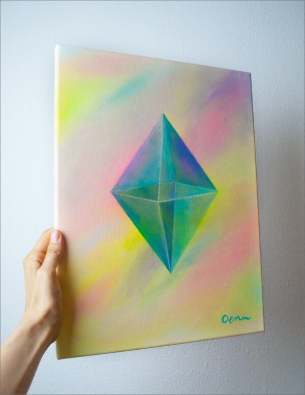 Spirituelle Kunst: Acrylbild auf Leinwand, heilige Geometrie, blau-grüner Oktaeder vor regenbogenfarbenem Hintergrund