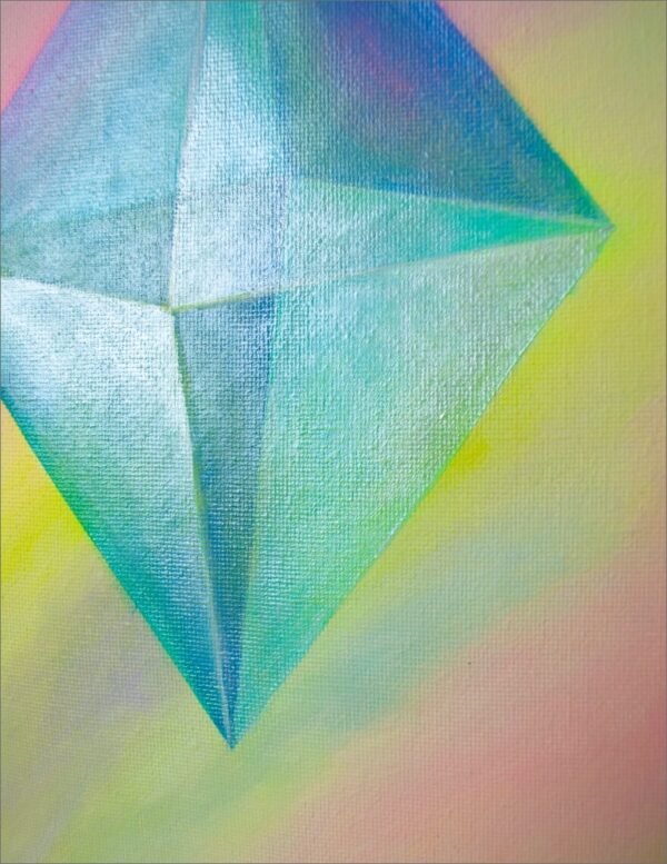 Spirituelle Kunst: Acrylbild auf Leinwand, heilige Geometrie, blau-grüner Oktaeder vor regenbogenfarbenem Hintergrund