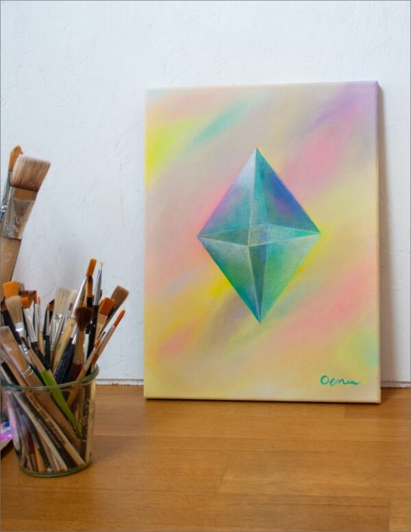 Spirituelle Kunst: Acrylbild auf Leinwand, heilige Geometrie, blau-grüner Oktaeder vor regenbogenfarbenem Hintergrund