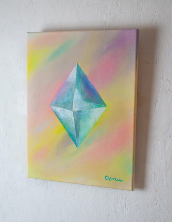 Spirituelle Kunst: Acrylbild auf Leinwand, heilige Geometrie, blau-grüner Oktaeder vor regenbogenfarbenem Hintergrund
