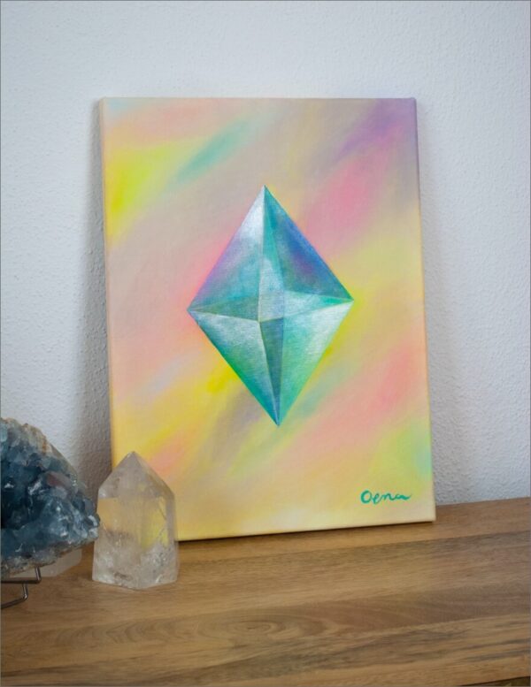 Spirituelle Kunst: Acrylbild auf Leinwand, heilige Geometrie, blau-grüner Oktaeder vor regenbogenfarbenem Hintergrund