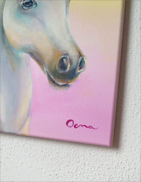 Spirituelle Kunst: Acrylbild auf Leinwand, weißes Einhorn Fohlen vor gelb-rosa Hintergrund