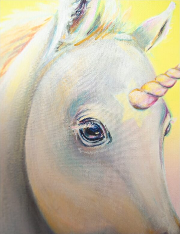 Spirituelle Kunst: Acrylbild auf Leinwand, weißes Einhorn Fohlen vor gelb-rosa Hintergrund