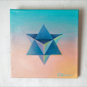 Spirituelle Kunst: Acrylbild auf Leinwand, blaue Merkaba vor blau-rosa Hintergrund