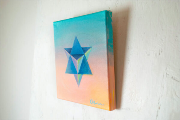 Spirituelle Kunst: Acrylbild auf Leinwand, blaue Merkaba vor blau-rosa Hintergrund
