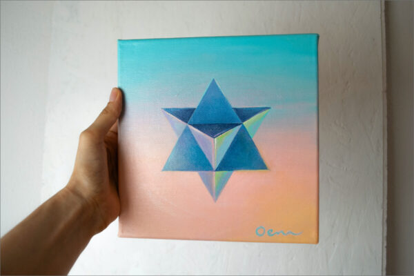 Spirituelle Kunst: Acrylbild auf Leinwand, blaue Merkaba vor blau-rosa Hintergrund