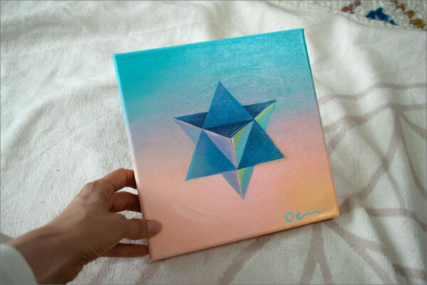 Spirituelle Kunst: Acrylbild auf Leinwand, blaue Merkaba vor blau-rosa Hintergrund