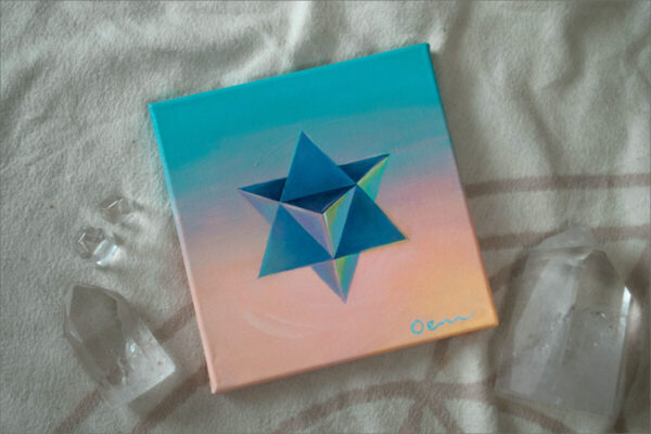 Spirituelle Kunst: Acrylbild auf Leinwand, blaue Merkaba vor blau-rosa Hintergrund
